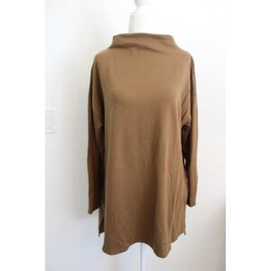 Eileen Fisher Brown Tencel Organic Cotton Mock Neck Tunic Top Women's Medium